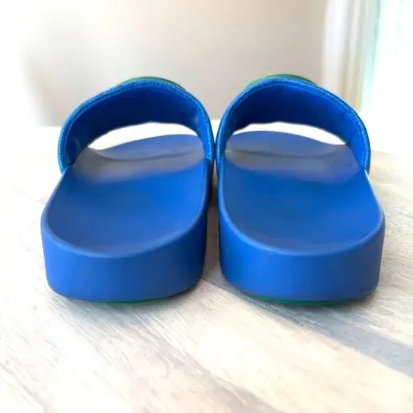 Tory Burch Lina Slide Sandals - Blue Textured with Green Logo - Size 5M US 5